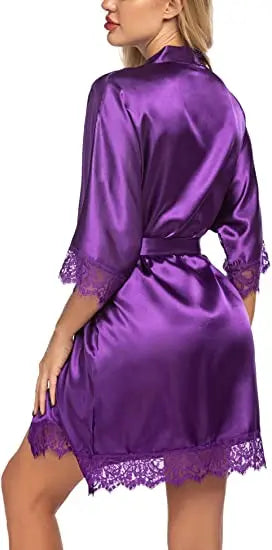 Silky Lace Robe, Monochrome robe，Satin Bridesmaid Robes ,Lace Bride Robe,Bridesmaid Gifts , women robe A9007