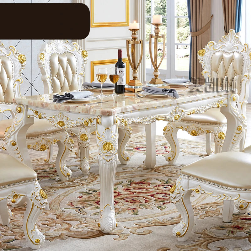 Dining Table Pink Dragon Jade Marble Long Dining Table Leather Dining Chair European-style White Gold-painted Solid Wood