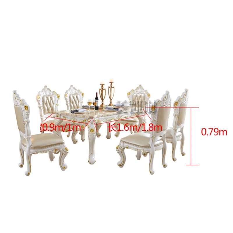 Dining Table Pink Dragon Jade Marble Long Dining Table Leather Dining Chair European-style White Gold-painted Solid Wood