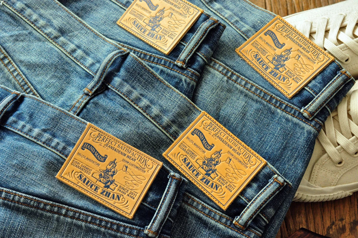 Saucezhan Mens Jeans Distressed  Moustache Effect Wash  Selvedge Denim Jeans  Motorcycle Regular Fit Straight Leg 14 Oz