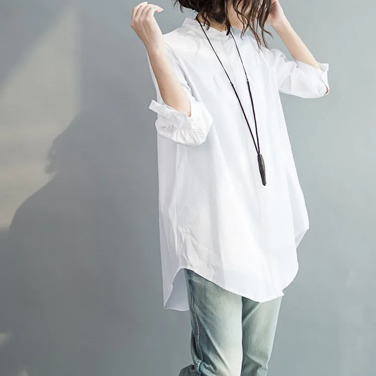Summer 100% Cotton Women White Shirts Fashion Long-sleeve Large Loose Blouse Bow Fashion Lady Clothing 0.24KG