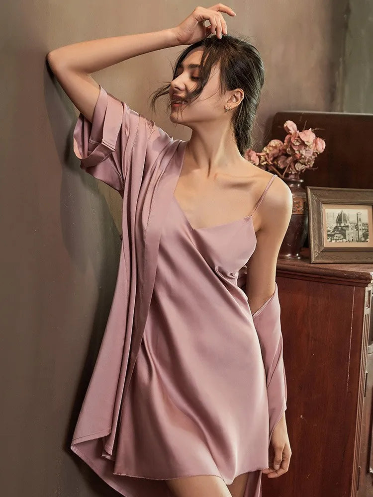 Satin Robe Set Sexy Women Sleepwear Casual Intimate Lingerie Faux Silk Nightdress Kimono Bathrobe Gown V-Neck Nightwear