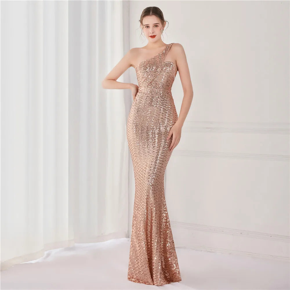 YIDINGZS Women Sexy Slash Neck Party Maxi Dress One Shoulder Sequin Evening Dress Long Prom Dress 18891