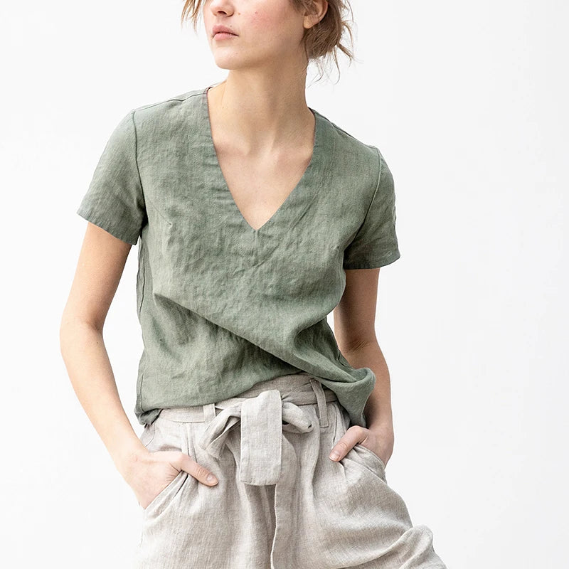 100% Linen V-Neck Short-Sleeved T-Shirt 2021 Summer New Womens Loose Casual Literary Tee Japanese Linen Tops
