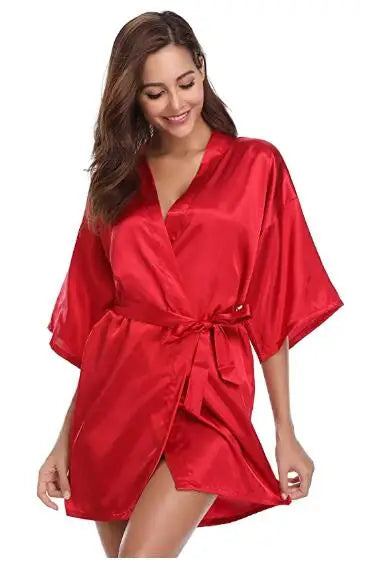 Women Silk Satin Short Night Robe Solid Kimono Robe Fashion Bath Robe Sexy Bathrobe Peignoir Femme Wedding Bride Bridesmaid Robe