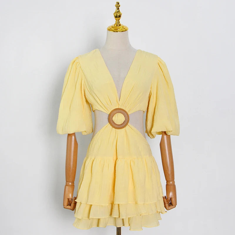 TWOTWINSTYLE White Sexy Dress For Women V Neck Lantern Half Sleeve Hollow Out High Waist Mini Dresses Female Summer New Clothing
