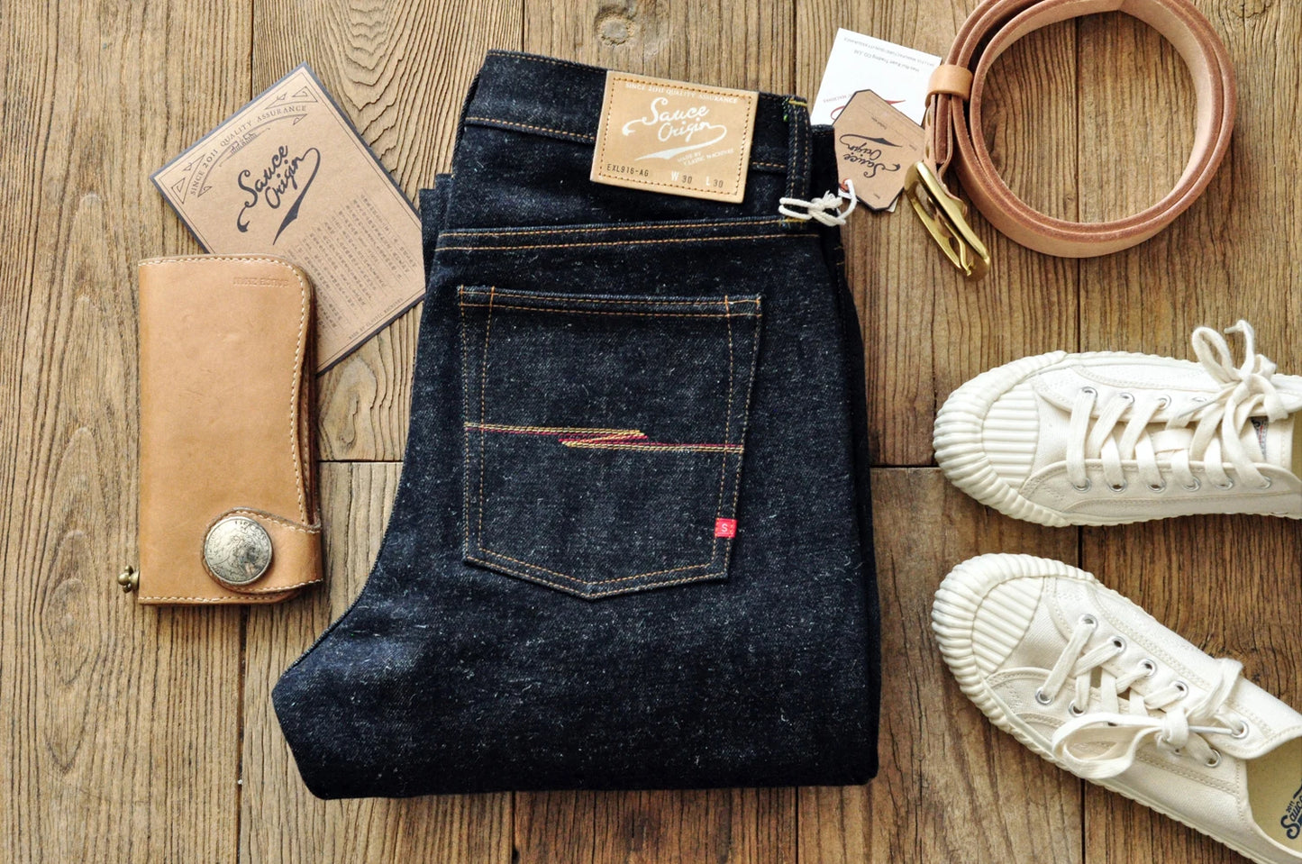 SAUCE ORIGIN EXL916-AG Mens Jeans cotton linen Selvedge Sanforized Raw Denim Jeans for Men Straight Fit Silver Button 19 oz