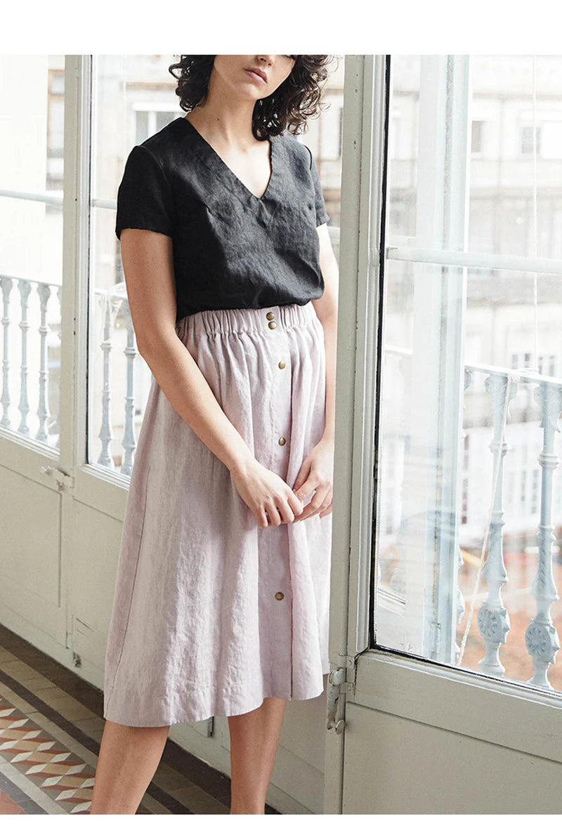 100% Linen V-Neck Short-Sleeved T-Shirt 2021 Summer New Womens Loose Casual Literary Tee Japanese Linen Tops