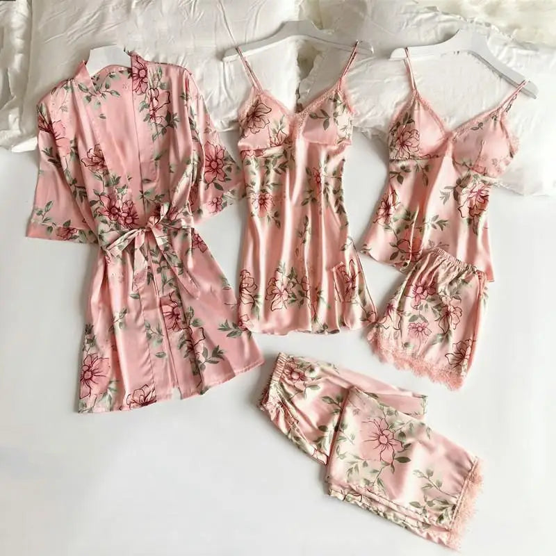 Lace Patchwork 5PCS Sleepwear Nightgown Kimono Bathrobe Gown Satin Lady Nighty&Robe Suit Sexy Home Clothes White Wedding Robe