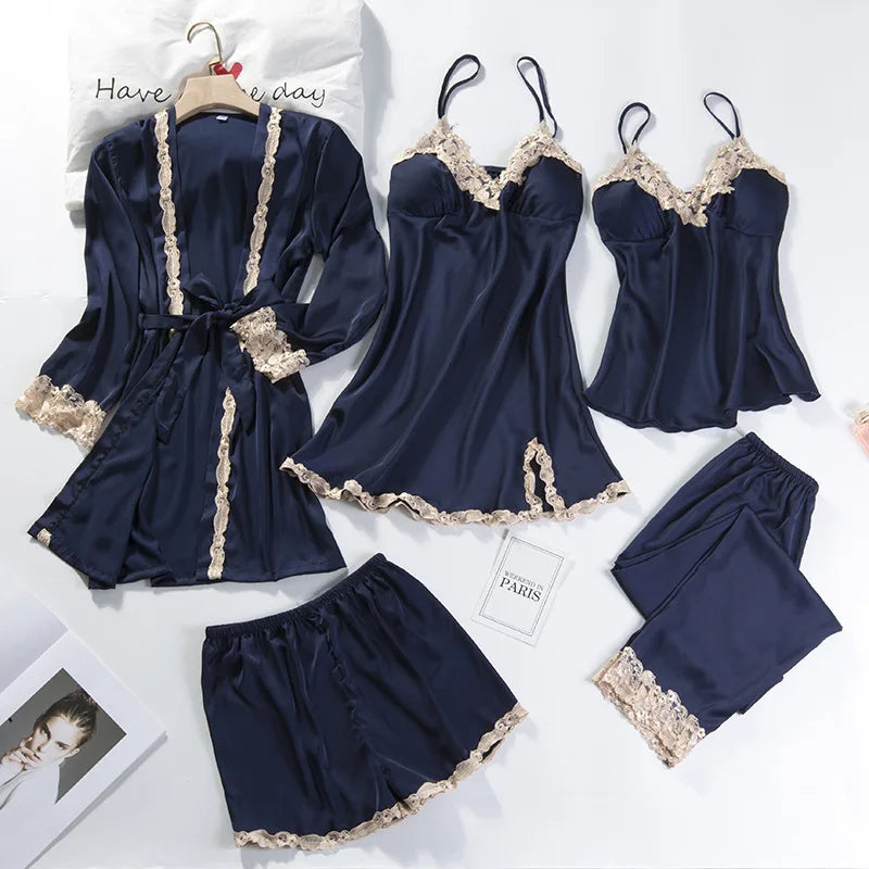 Lace Patchwork 5PCS Sleepwear Nightgown Kimono Bathrobe Gown Satin Lady Nighty&Robe Suit Sexy Home Clothes White Wedding Robe