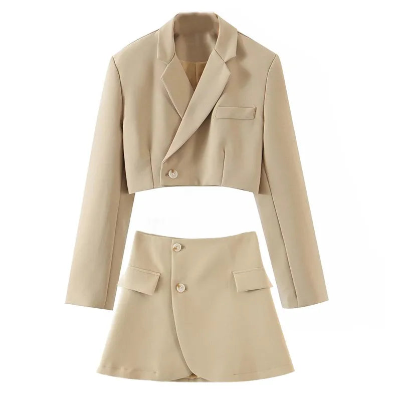 Sexy One Button Short Women Blazer Cropped High Waist Irregular Cross Slit Mini Skirt Long Sleeve Suits 2 Pieces Set Vintage