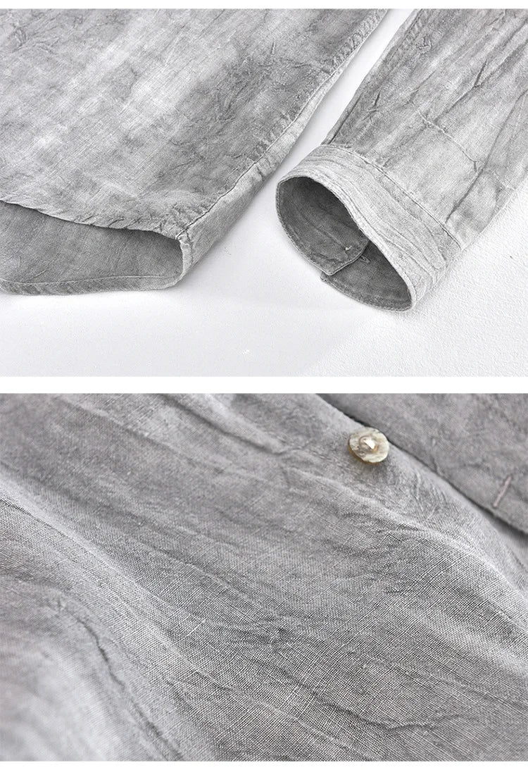 Men Spring Autumn High Quality Healthy 100% Linen Shirts Vintage Wrinkled Soft Breathable Slim Fit Tops Business Casual Shirts