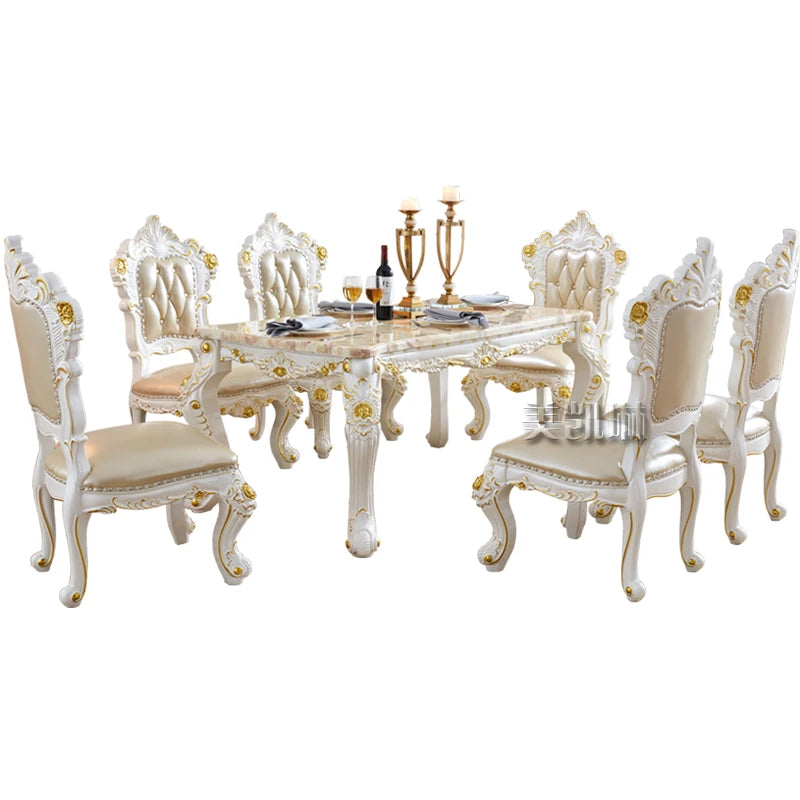 Dining Table Pink Dragon Jade Marble Long Dining Table Leather Dining Chair European-style White Gold-painted Solid Wood