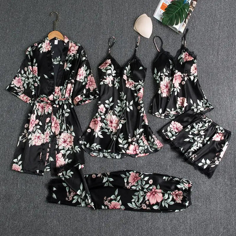 Sleepwear Female 5PCS Pajamas Set Satin Pyjamamas Lace Patchwork Bridal Wedding Nightwear Rayon Home Wear Nighty&Robe Suit