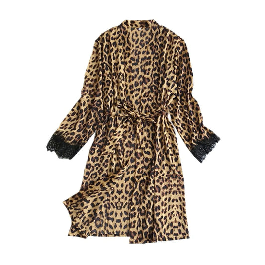 Women Satin Silk Robe Leopard Print Bride Wedding Robe Gown Sleepwear Lace Sexy Kimono Bathrobe Night Dress Casual Nightgown 4XL
