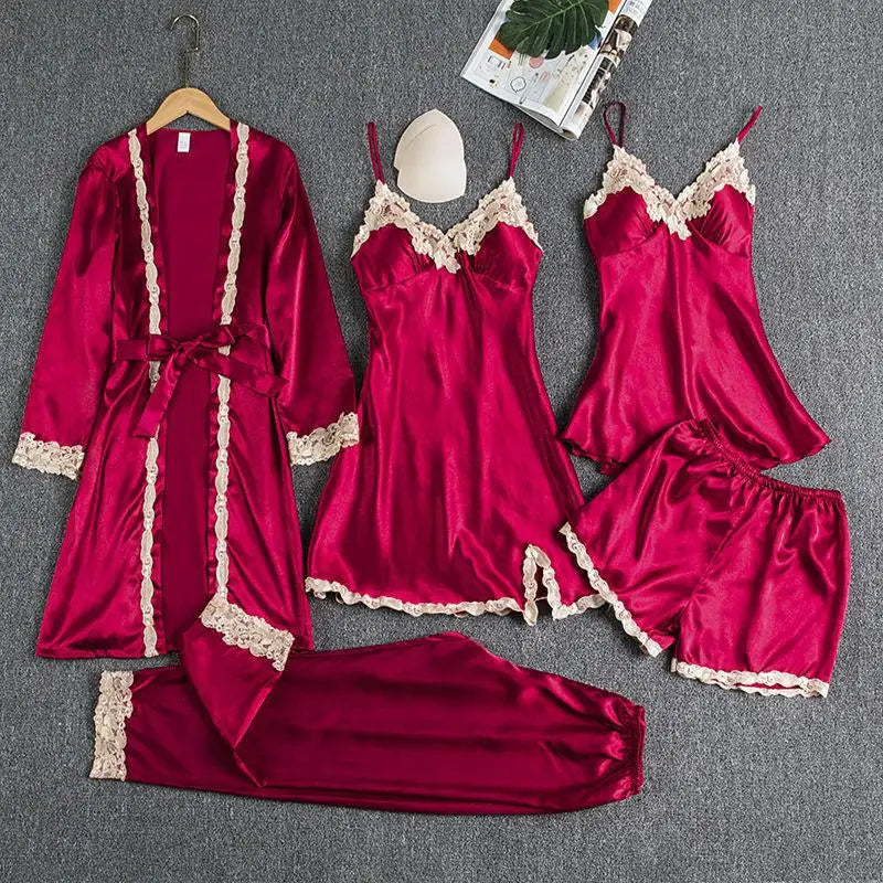 Sleepwear Female 5PCS Pajamas Set Satin Pyjamamas Lace Patchwork Bridal Wedding Nightwear Rayon Home Wear Nighty&Robe Suit