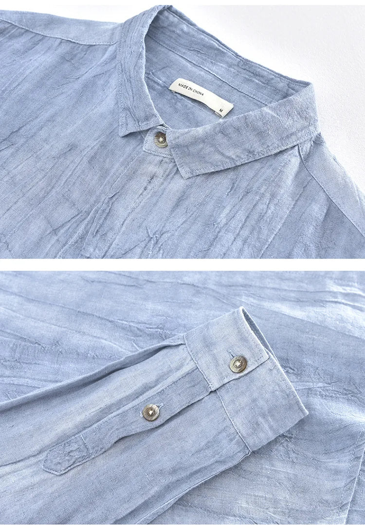 Men Spring Autumn High Quality Healthy 100% Linen Shirts Vintage Wrinkled Soft Breathable Slim Fit Tops Business Casual Shirts