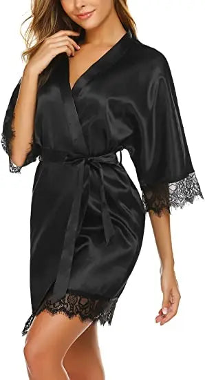 Silky Lace Robe, Monochrome robe，Satin Bridesmaid Robes ,Lace Bride Robe,Bridesmaid Gifts , women robe A9007