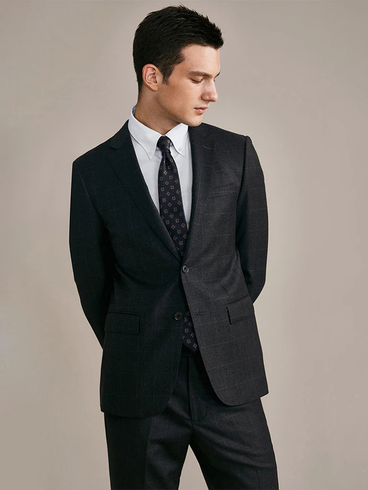 100% Wool Mens Suits Set Blazer + Pant High Quality Dark Deep Grey Christmas Party Wear Single Breasted Thin Formal Clothing 46A