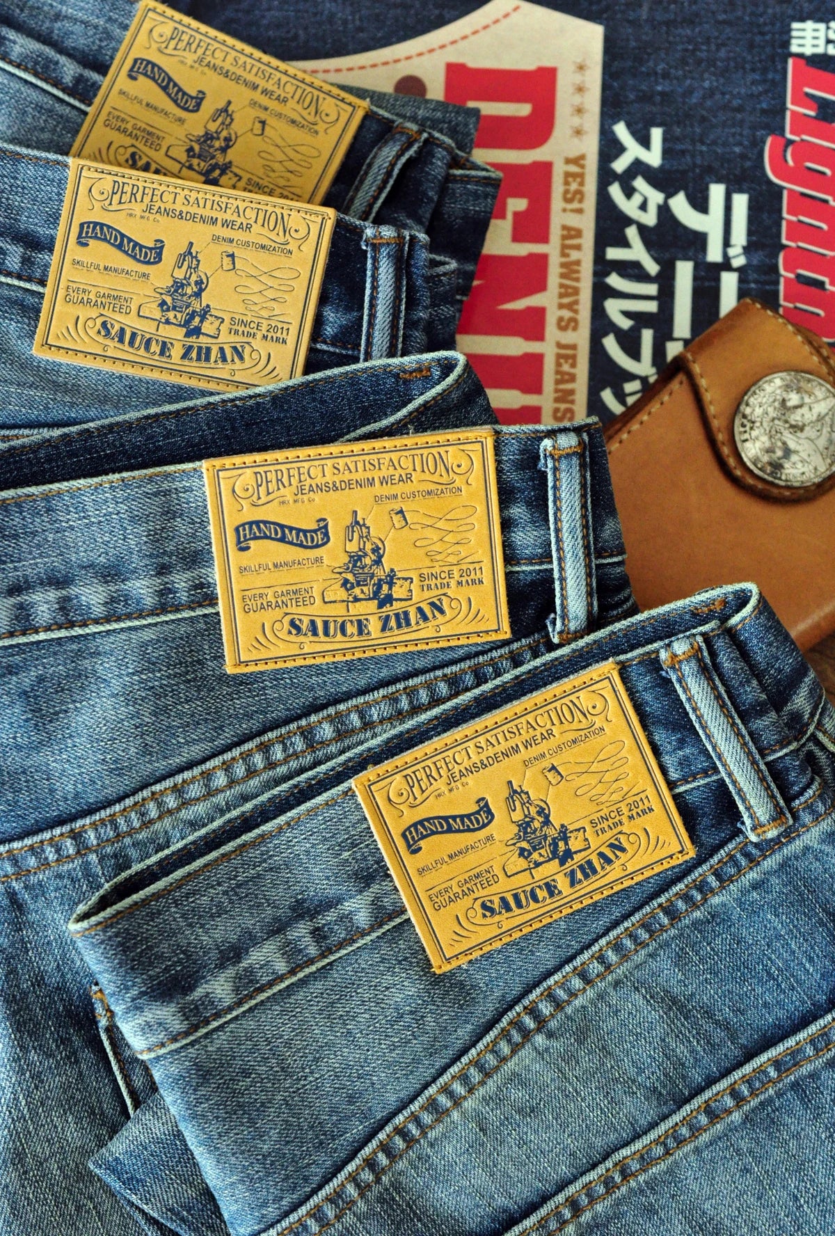 Saucezhan Mens Jeans Distressed  Moustache Effect Wash  Selvedge Denim Jeans  Motorcycle Regular Fit Straight Leg 14 Oz