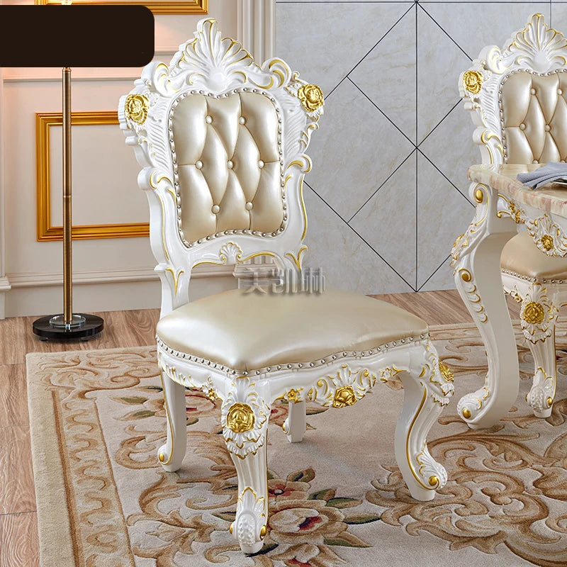 Dining Table Pink Dragon Jade Marble Long Dining Table Leather Dining Chair European-style White Gold-painted Solid Wood