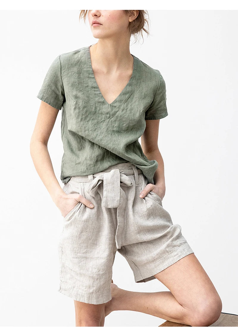 100% Linen V-Neck Short-Sleeved T-Shirt 2021 Summer New Womens Loose Casual Literary Tee Japanese Linen Tops