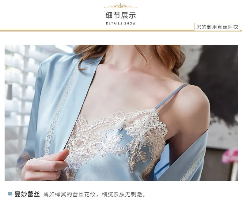 100% Silk  Nightgown Female  Sling Lace  Long Nightdress Women Pure Mulberry  Silk  Sleepwear robe women  Nightwear