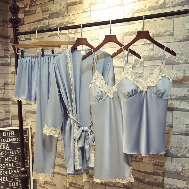 SexyWhite Lace 5PCS Sleepwear Pajamas Set Women Silk Pijamas Pyjamas Nightwear Bride Bridesmaid Wedding Robe Intimate Lingerie