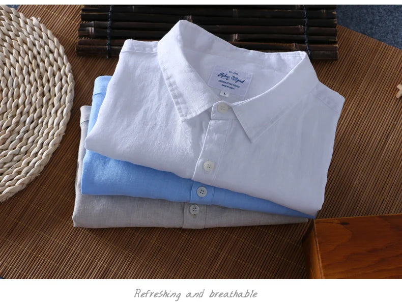Schinteon 100% Linen Summer Casual Shirt Men Breathable Turn-down Collar Short Sleeved Pullover Shirt Comfortable New