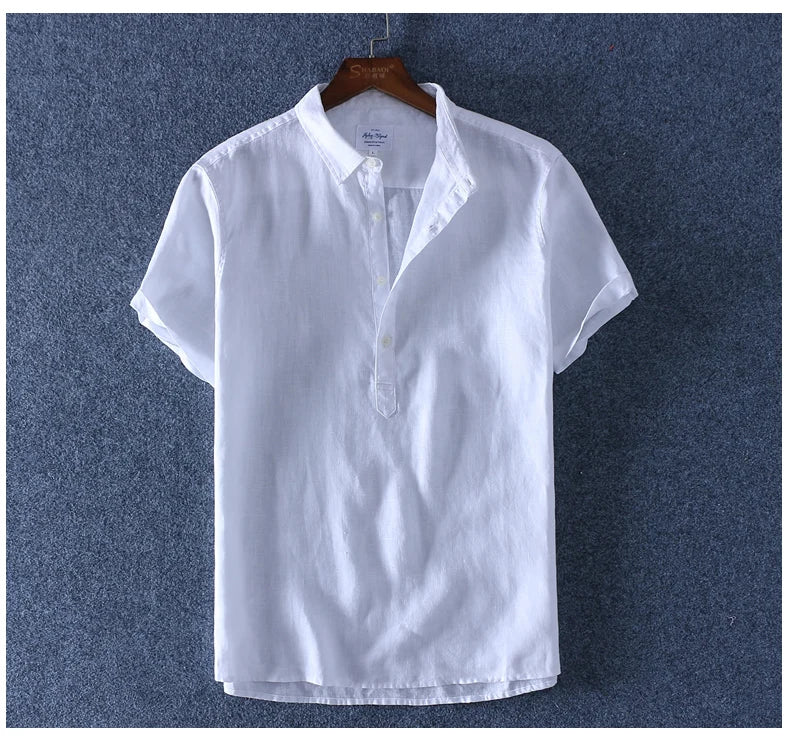Schinteon 100% Linen Summer Casual Shirt Men Breathable Turn-down Collar Short Sleeved Pullover Shirt Comfortable New