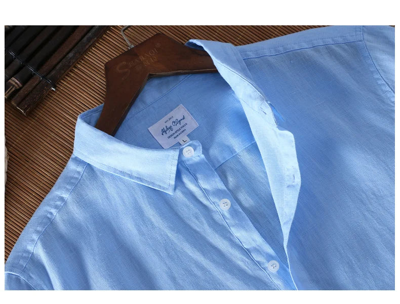 Schinteon 100% Linen Summer Casual Shirt Men Breathable Turn-down Collar Short Sleeved Pullover Shirt Comfortable New