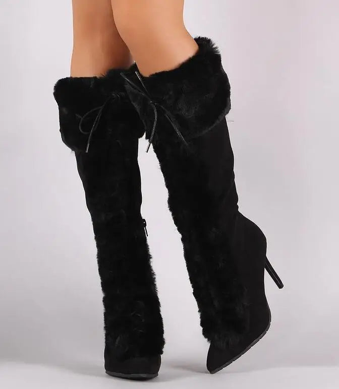 2017 Winter Hottest Suede Leather Pointy Toe Women Boots Faux Fur Lace Up Ladies High Heel Boots Warm Snow Boots Size 41