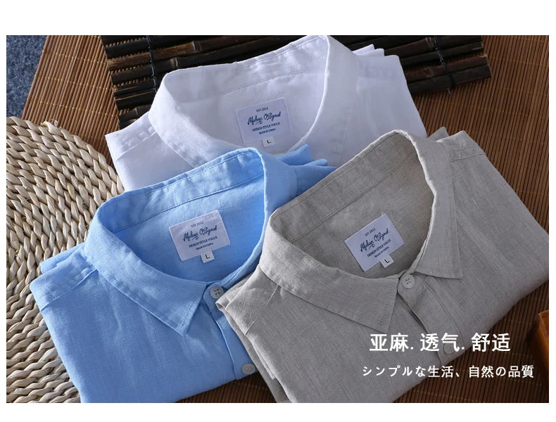 Schinteon 100% Linen Summer Casual Shirt Men Breathable Turn-down Collar Short Sleeved Pullover Shirt Comfortable New