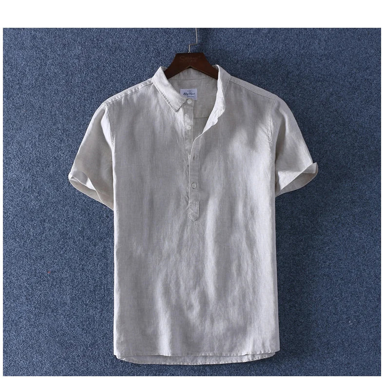Schinteon 100% Linen Summer Casual Shirt Men Breathable Turn-down Collar Short Sleeved Pullover Shirt Comfortable New