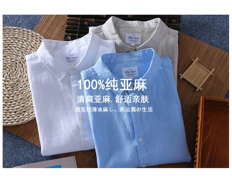 Schinteon 100% Linen Summer Casual Shirt Men Breathable Turn-down Collar Short Sleeved Pullover Shirt Comfortable New