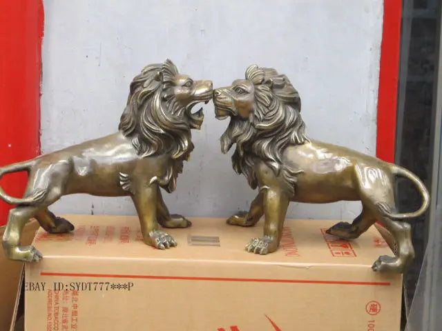 15" Western Art Bronze Copper sculpture Simba Foo Dog Lion Wildlife statue Pair Garden Decoration 100% real Brass Bronze