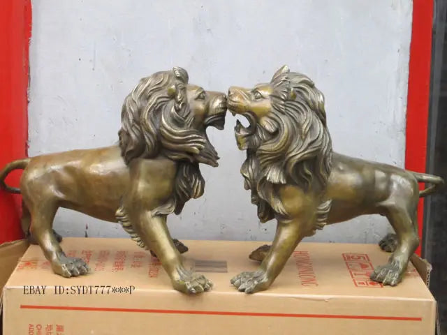 15" Western Art Bronze Copper sculpture Simba Foo Dog Lion Wildlife statue Pair Garden Decoration 100% real Brass Bronze