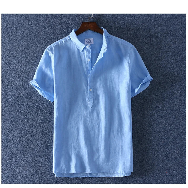 Schinteon 100% Linen Summer Casual Shirt Men Breathable Turn-down Collar Short Sleeved Pullover Shirt Comfortable New