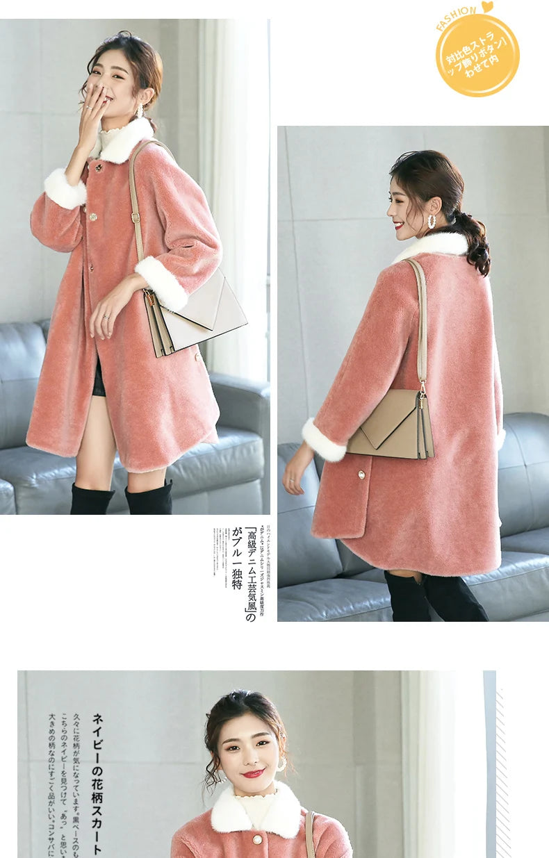 2020 Natural Sheep Shearing Fur Coat With Real Mink Fur Collar Winter Jacket Women Long Warm Overcoat casaco feminino LX2529