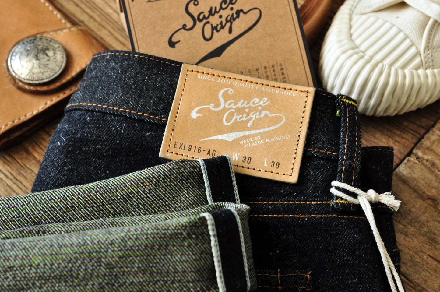 SAUCE ORIGIN EXL916-AG Mens Jeans cotton linen Selvedge Sanforized Raw Denim Jeans for Men Straight Fit Silver Button 19 oz