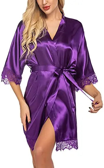 Silky Lace Robe, Monochrome robe，Satin Bridesmaid Robes ,Lace Bride Robe,Bridesmaid Gifts , women robe A9007
