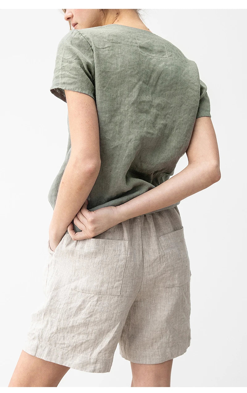 100% Linen V-Neck Short-Sleeved T-Shirt 2021 Summer New Womens Loose Casual Literary Tee Japanese Linen Tops