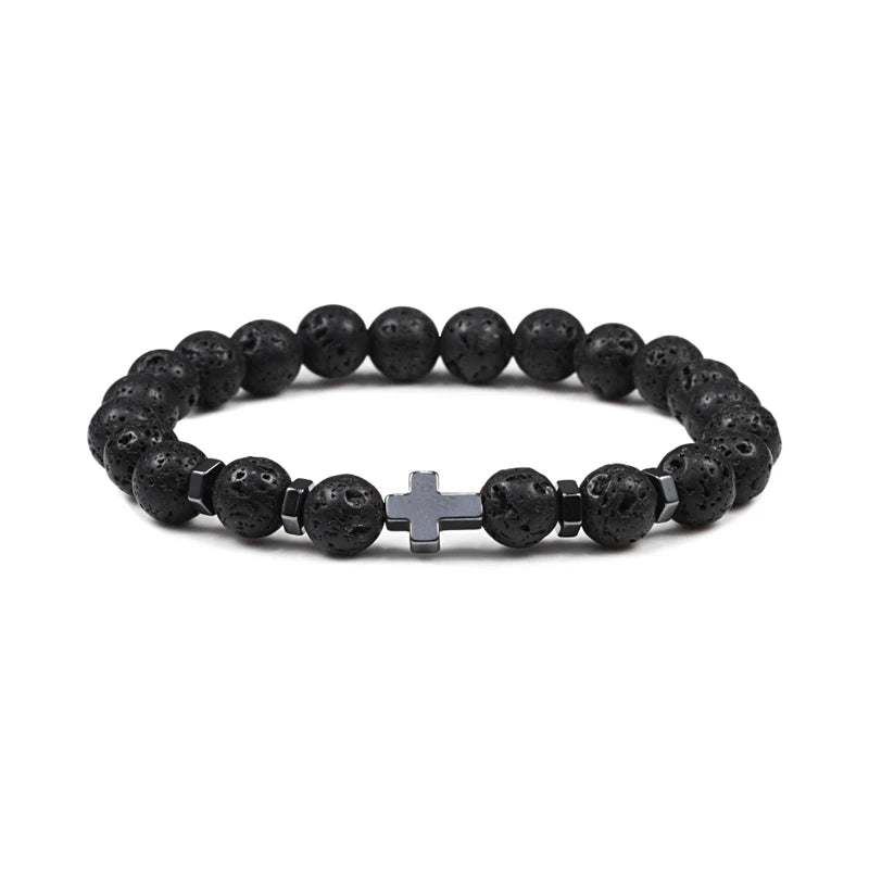 Dropshipping Hot Men Natural Lava Stone Bead Bracelets Hematite Cross Rosary Meditation Prayer Jesus Bracelet Women Yoga Jewelry