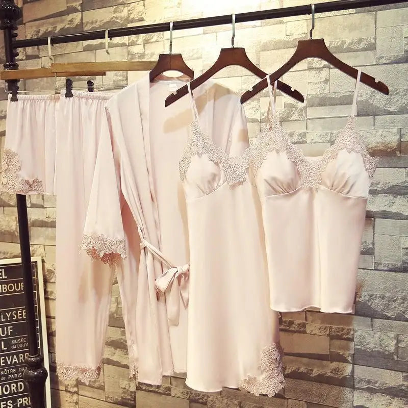 SexyWhite Lace 5PCS Sleepwear Pajamas Set Women Silk Pijamas Pyjamas Nightwear Bride Bridesmaid Wedding Robe Intimate Lingerie