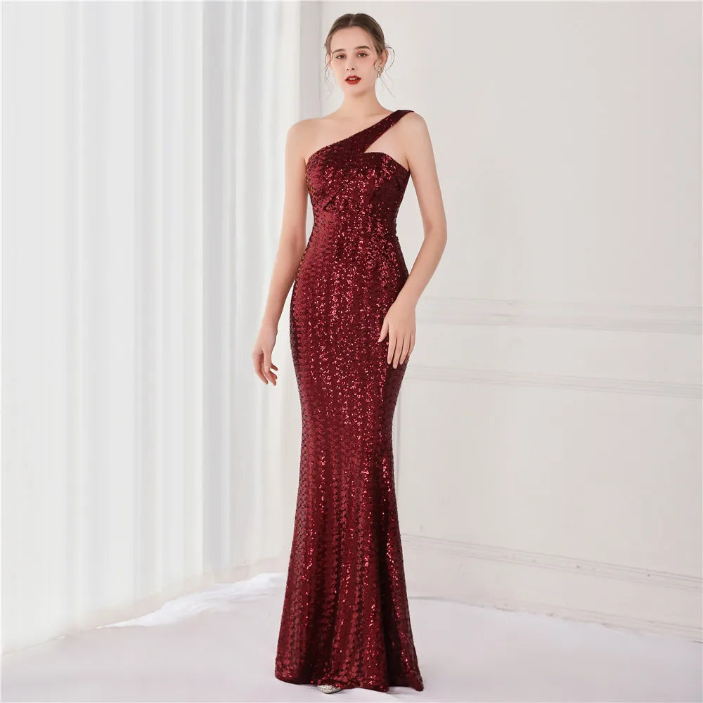 YIDINGZS Women Sexy Slash Neck Party Maxi Dress One Shoulder Sequin Evening Dress Long Prom Dress 18891