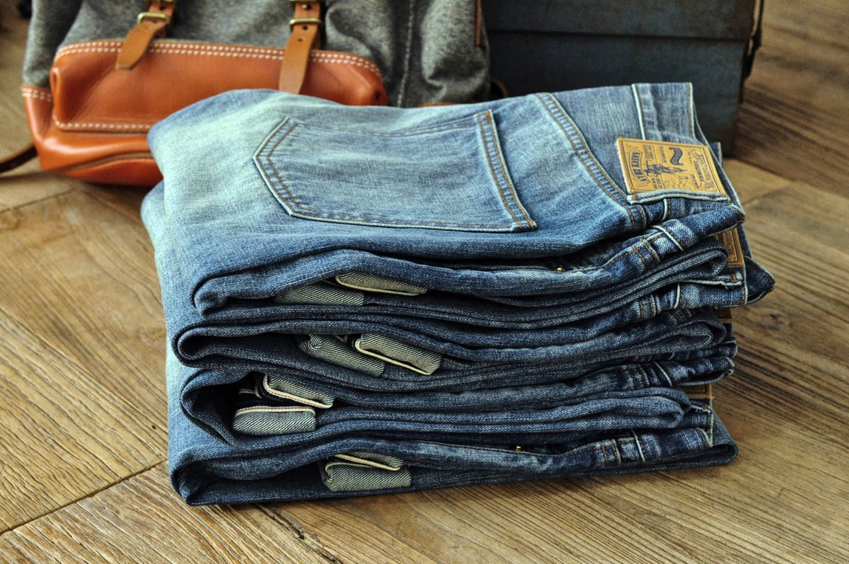 Saucezhan Mens Jeans Distressed  Moustache Effect Wash  Selvedge Denim Jeans  Motorcycle Regular Fit Straight Leg 14 Oz