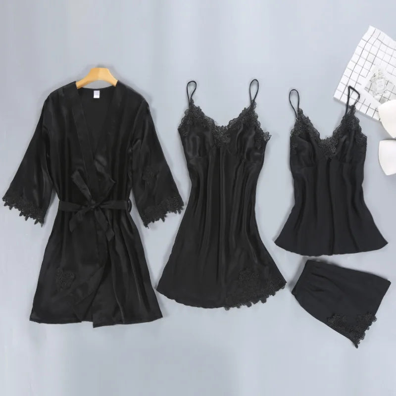 Satin Sleepwear Female with Chest Pads Sexy Women Pajamas Lace Slik Sleep Lounge 4 Pieces Sets Elegant Ladies Indoor Clothing