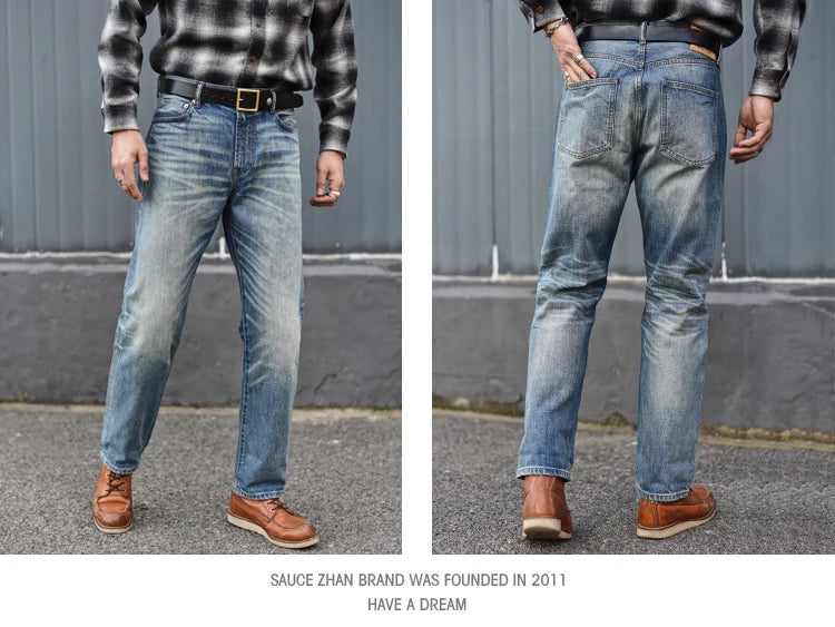 Saucezhan Mens Jeans Distressed  Moustache Effect Wash  Selvedge Denim Jeans  Motorcycle Regular Fit Straight Leg 14 Oz