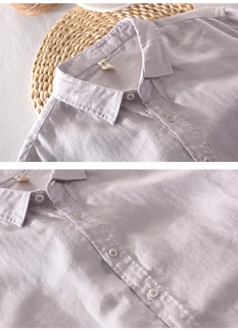 New Designer 100% Linen Long Sleeved Shirt Men Brand Casual Solid White Button Up Shirts for Men Top