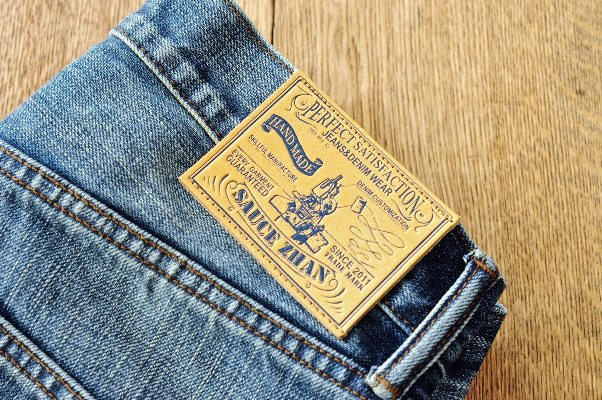 Saucezhan Mens Jeans Distressed  Moustache Effect Wash  Selvedge Denim Jeans  Motorcycle Regular Fit Straight Leg 14 Oz